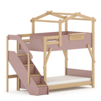 Boori Treehouse King Single Bunk Bed With Roof and Staircase - Cherry & Beech